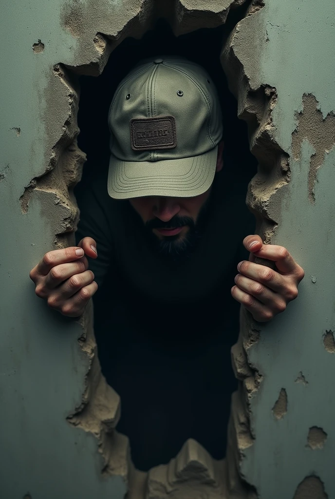 Person with face barely visible and focus on cap. Coming out of the broken wall very close with hands out holding onto the broken wall