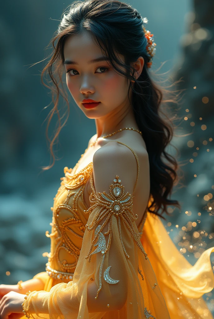 Close up of Mongolian girl with shoulder-length wavy loose black hair, beautiful and shining light blue eyes, red lipstick, dancing in a pose showing her beautiful legs, with both hands holding the hem of her soft and delicate golden dress with decorations Gold beads and Swarovski diamonds create the impression of dancing and the dress is flowing open showing her beautiful leg. The background is a dark castle at ((dark)) night which is blurred and you can see light from a distance like bokeh and glittery light blue and turquoise mist following her steps.