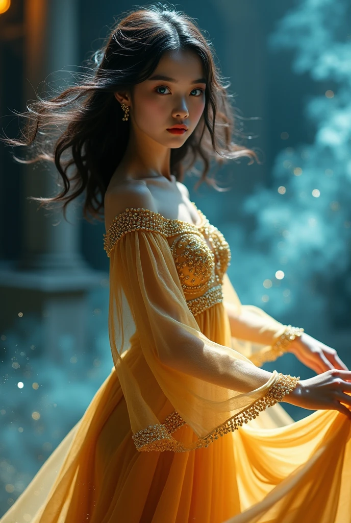 Close up of Mongolian girl with shoulder-length wavy loose black hair, beautiful and shining light blue eyes, red lipstick, dancing in a pose showing her beautiful legs, with both hands holding the hem of her soft and delicate golden dress with decorations Gold beads and Swarovski diamonds create the impression of dancing and the dress is flowing open showing her beautiful leg. The background is a dark castle at ((dark)) night which is blurred and you can see light from a distance like bokeh and glittery light blue and turquoise mist following her steps.