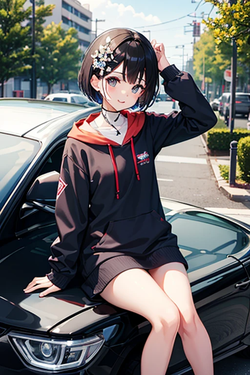 Highest quality、Black Hair、Iris、short hair、、cute、、、Small hair ornament、1 person、Car next door、Campaign Girl