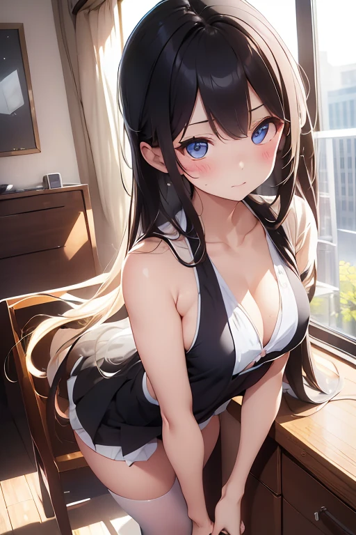 (Highest quality)), ((masterpiece)), (detailed), One Woman,のBeautiful woman,Very sexy,Baby Face,young woman,She has a large chest size.,
Beautiful woman,Beautiful Face,Big eyes,Beautiful Eyes,Beautiful double eyelids,Beautiful teeth alignment,Beautiful body lines,Slender body,Beautiful Hands,Beautiful feet,Long hands,Long legs,Long and supple hair,Shiny Hair,Black Hair,Full Body Shot,Embarrassed expression,blush,Mouth half open,From below,Beautiful shoulders,Beautiful clavicle、(Sweat),((Steam 1.4)),Embarrassed expression,blush,Not wearing a bra,For black maid clothes,A pleated skirt,White panties and a nice butt are visible,Small Butt,Beautiful back,The viewer sees the woman from behind,