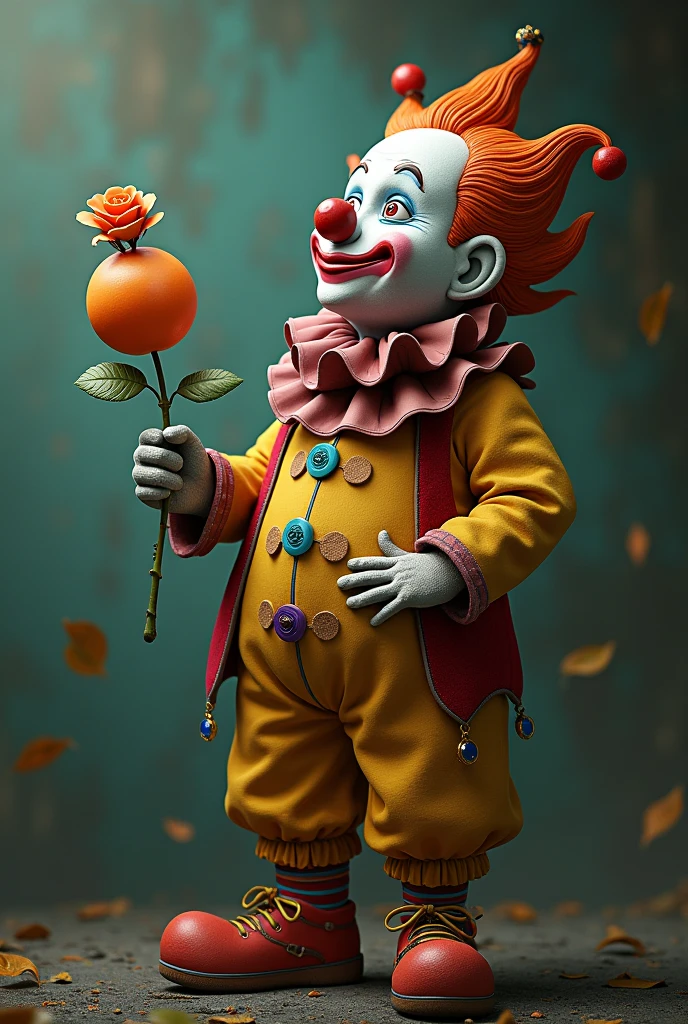 Confused and funny clown, with a rose in one hand and a jaboticaba tree in the other