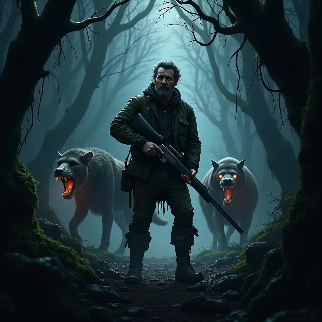 A man with a hunting rifle stands in the middle of a forest surrounded by wild animals at night..