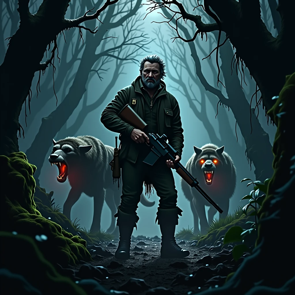 A man with a hunting rifle stands in the middle of a forest surrounded by wild animals at night..