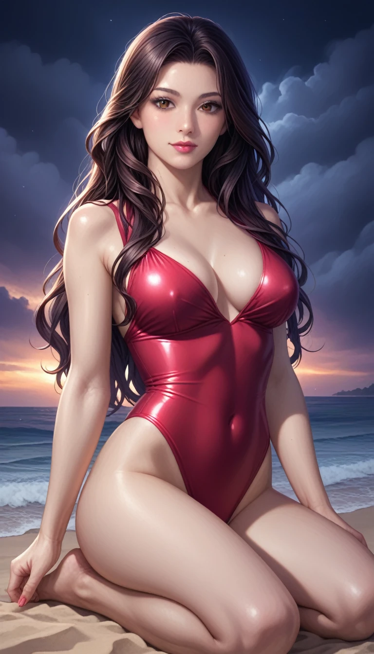 score_9, score_8_superior, score_7_superior, High-resolution CG illustration,A masterpiece in 32K resolution,Highest quality,it is really amazing,Very detailed,Ultra-high resolution,Ultra-realistic,Realistic,Increased depth of field,Cinematic lighting,
Sexy mature Japan woman,
Straight long hair with black hair,Ultra-detailed and beautiful face,Calm and gentle look,Beautiful brown eyes,Translucent white skin,Realistic skin texture,Great proportions,
Elegant red swimsuit,
Simple design,Chic color scheme based on red,Detailed fabric texture,
(Dark overcast sky on a dull night:1.1),(Dark clouds filling the sky:1.1),Thundercloud,Coastline at night,Stormy seas,delay々A desolate sandy beach that continues,
(Kneeling on the sand:1.2),