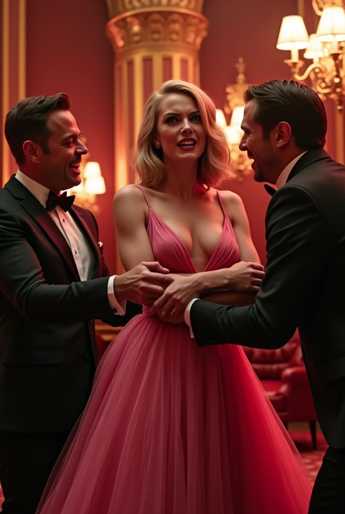 Angry woman Emma Stone, being grabbed by the arm, She has a formal pink dress. She's in a place that looks like a casino, there's red lighting