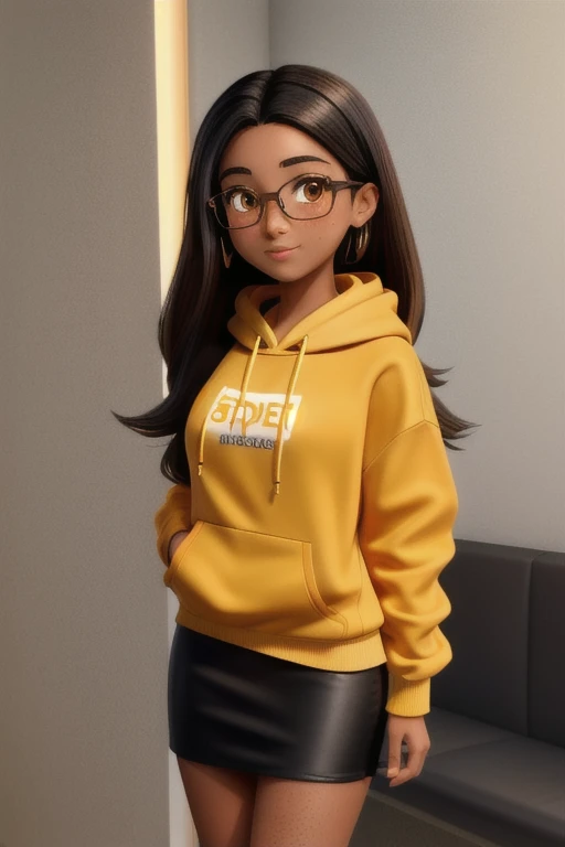 Masterpiece, 1girl, solo, 20 year old college student, she has tan-bronze skin with some freckles, long black hair with orange highlights, amber colored eyes, (she's wearing a yellow hoodie, black pencil skirt, glasses)
