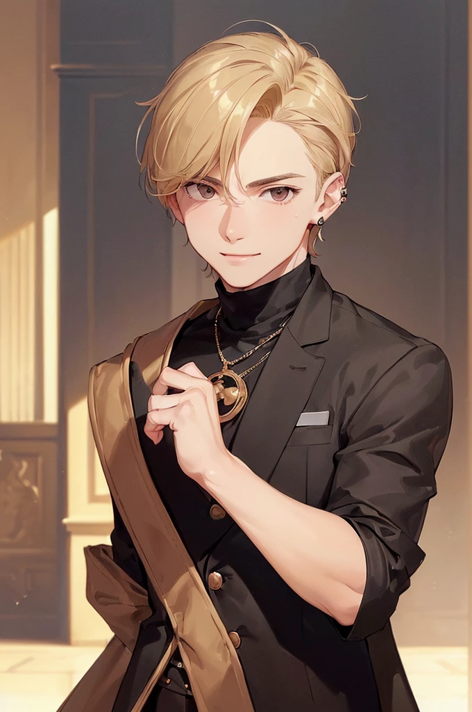 (((masterpiece; best quality: 1.2))), (detailed eyes: 1.3), ((1 young man)), ((solo)), (brown eyes: 1.4), (body shape; lean, masculine, manly face: 1.3), (short blond hair: 1.3), (clear background: 1.2), ((depth of field)), (equipment: masculine fashionable clothing + beige blazer + black turtleneck + black stud earring: 1.3), (anime illustration: 1.2), (background composition; modern apartment interior + furniture: 1.1), (handsome: 1.1), (shot composition; standing + centered on face + bust close-up: 1.5), (facial expression; calm + smile: 1.2)
