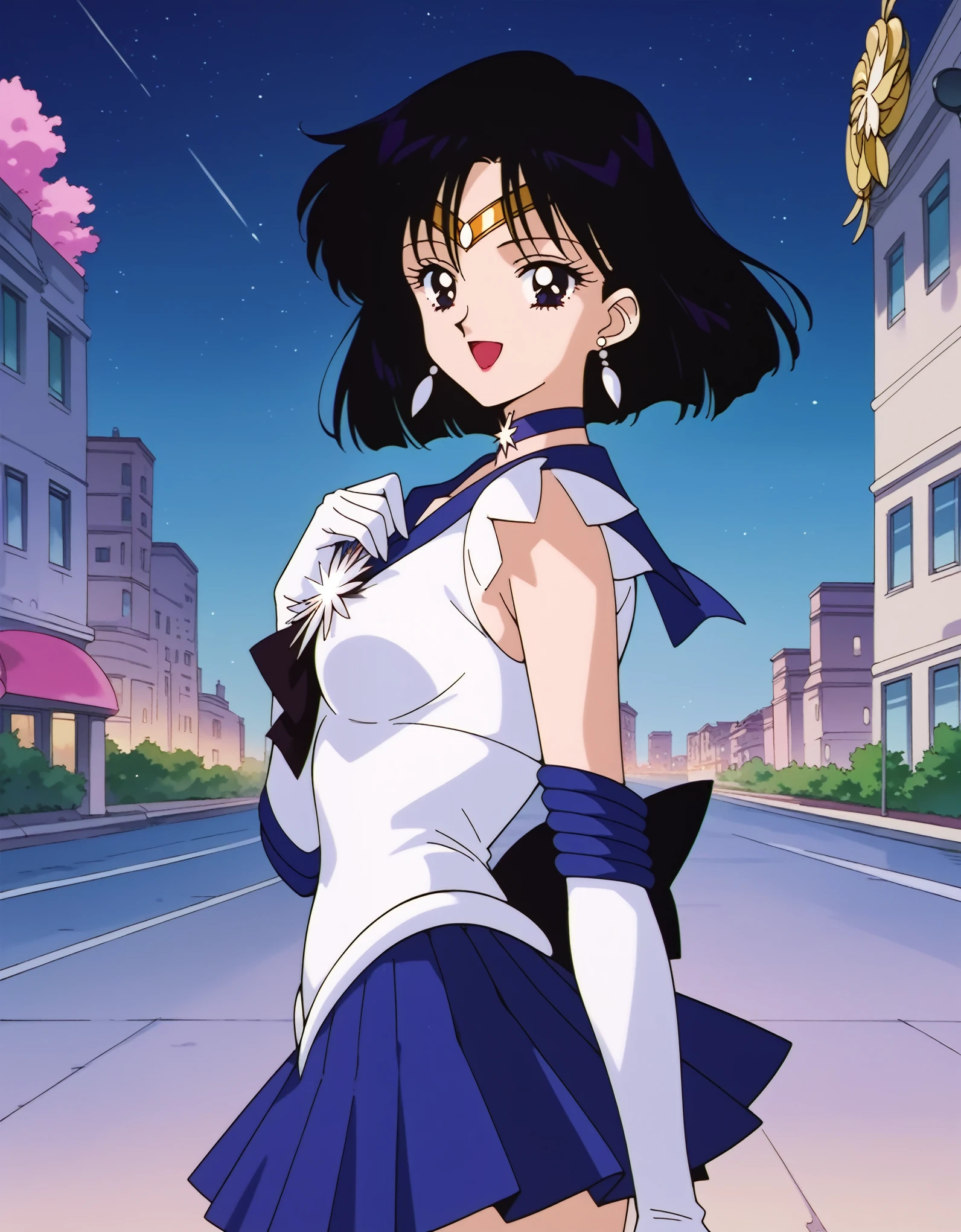 score_9, score_8_up, score_7_up, masterpiece, best quality, very aesthetic, absurdres, source_anime, 1990s \(style\), beautiful detailed eyes, 1girl, solo, hotaru tomoe, short hair, black hair, black eyes, small breasts, shiny, sailor saturn, sailor senshi uniform, purple sailor collar, tiara, jewelry, earrings, star choker, star brooch, star (symbol), bow, back bow, white elbow gloves, purple pleated skirt, smile, open mouth, looking at viewer, model pose, cowboy shot, pov, wind, outside, city, street, night, dark sky,