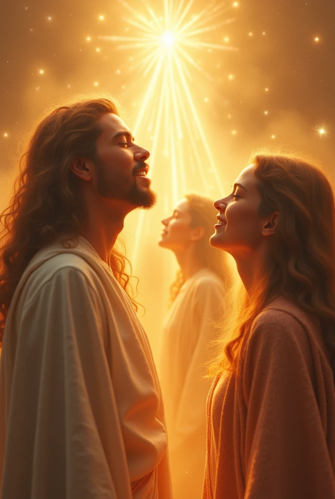 The image presents a moving and spiritual scene, where two or three people, with a radiant and celestial appearance, they stand with their arms outstretched to the sky, as if they were calling out or pleading to a divine force.
The individuals, of different ages and genders, they have an expression of deep devotion and fervor on their faces. Their eyes are closed and their faces reflect an intense concentration and connection with a plane beyond the earthly.
The most striking thing in this image is the aura of light and radiance that emanates from their bodies, as if they were imbued with a spiritual energy. This luminosity seems to radiate from within them, creating an almost supernatural appearance.
The background of the scene is slightly blurred, with warm and soft tones, which focuses attention on the central figures and their mystical experience. There are no earthly elements that distract the viewer's gaze.
The composition of the image conveys a sense of elevation and connection with the divine. The people appear in an upright and concentrated position, almost suspended in an ethereal space, unaware of any worldly distractions.
The lighting and the radiance emanating from the individuals create an effect of transfiguration, as if they were witnessing a heavenly revelation or a manifestation of the presence of God. This transcendental quality evokes an experience of faith and deep spirituality.