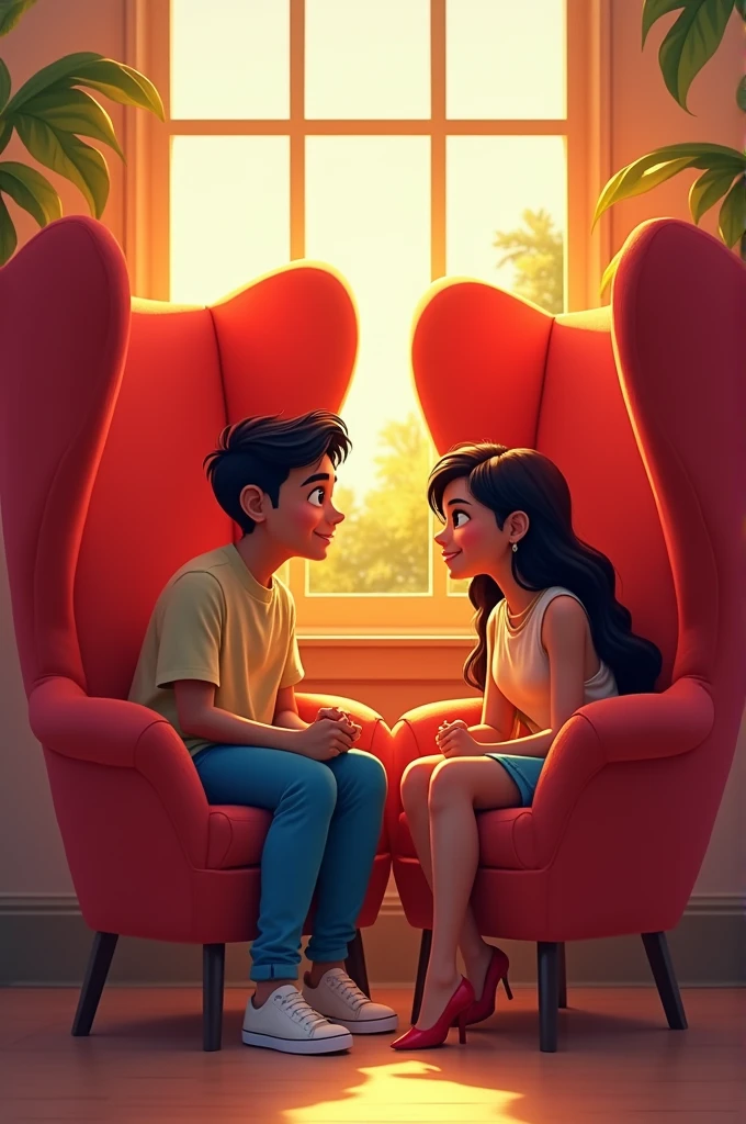 একসাথে বসে থাকা লোকদের একটি চিত্র তৈরি করুন। চেয়ার হিসাবে উভয় মানুষের রঙ লাল ডানা অনেক বড়. দুজনের নাম রিয়া ও রানী।