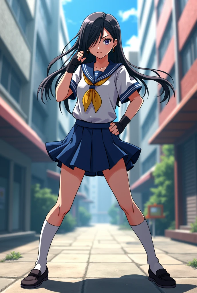 ((masterpiece,best quality, detailed)), 1girl, solo, outdoors, street, fighting pose, serious,
kanu unchou, fingerless gloves, serafuku, midriff, loose socks, pleated skirt, yellow neckerchief, earrings, low-tied long hair, hair over one eye, loafers