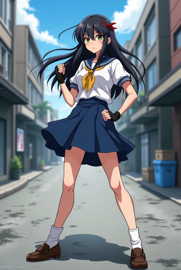 ((masterpiece,best quality, detailed)), 1girl, solo, outdoors, street, fighting pose, serious,
kanu unchou, fingerless gloves, serafuku, midriff, loose socks, pleated skirt, yellow neckerchief, earrings, low-tied long hair, hair over one eye, loafers