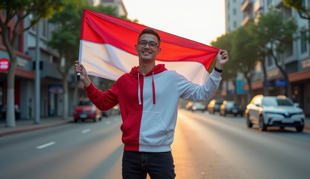 very high quality photo, independence scene, a man from Indonesia, undercut style hair, wearing a red and white hoodie and sneakers, carrying a flag posing on the side of a city road, full body, realistic and cool visual effects, looks real and perfect, UHD 64K, very sweet