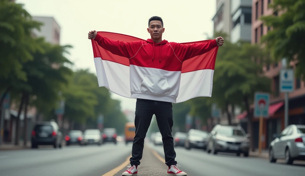 very high quality photo, independence scene, a man from Indonesia, undercut style hair, wearing a red and white hoodie and sneakers, carrying a flag posing on the side of a city road, full body, realistic and cool visual effects, looks real and perfect, UHD 64K, very sweet