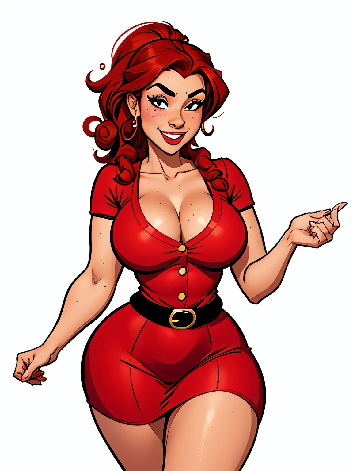 Thin woman, age 25, 4K (High definition), beautiful smiling, seducing gaze, teacher in red dress (of buttons) with V-neck and short sleeves, black belt, pele caucasiana, shoulder length curly red hair, standing, curvy with freckles and little beads of sweat running down her forehead and chest. marvel style, white background.