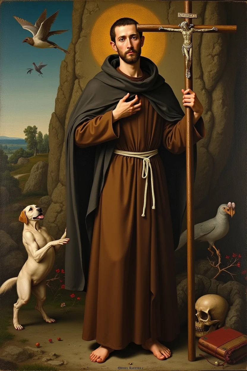 A classic image of Saint Francis of Assisi presents him as a man of medium height., thin and with serene features. He has an elongated face, with prominent cheekbones and a thin nose. Your eyes are expressive, generally conveying a look of compassion and humility, with thin, arched eyebrows. His beard is thin and short, and he usually has dark hair, cut in tonsure (a cut where the top of the head is shaved, leaving a crown of hair around).
Saint Francis is often depicted wearing a simple brown friar's habit., made of thick fabric, with a white cord tied around the waist, symbolizing their vows of poverty, Chastity and obedience. The habit may have a hood and is, Muitas vezes, barefoot or wearing rudimentary sandals.
He is often depicted with stigmata (marks of Christ's nails) in the palms of the hands, and sometimes on the feet and side of the body. Around her, there may be symbols that refer to his life and teachings, like birds, which represent his preaching to the animals, or a skull, symbolizing his meditation on death. In some images, he is seen with a crucifix or a Bible in his hands, reinforcing his role as a dedicated religious. In the image of Saint Francis of Assisi, he is portrayed with his right arm extended upwards, holding a crucifix firmly in his hand. This gesture emphasizes his profound devotion to Christ. His left arm and hand point to his own right chest, a gesture that can symbolize a personal, intimate connection with the divine or the presence of the sacred within himself. Saint Francis is probably dressed in his traditional simple Franciscan habit, underlining his commitment to humility and poverty. The background may feature natural elements or religious symbols that reflect his deep connection with nature and his spiritual mission.