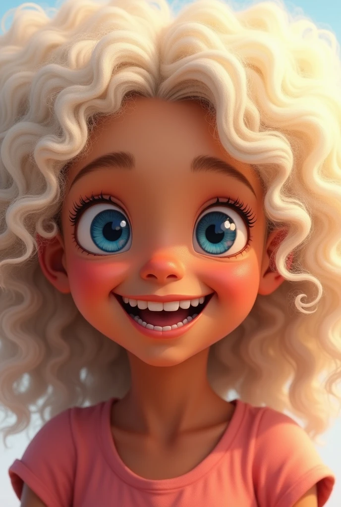 A smiling girl with curly hair, abundant and white with brown skin and blue eyes 
