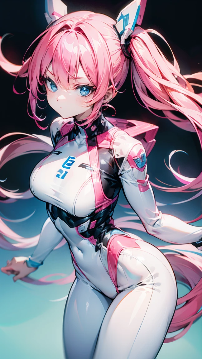 Perfect human body modeling, 1girl, small breasts, beautiful girl, cute girl and idol face, young face, smile, Beautiful long pink hair, twintails, Beautiful shining red eyes, white skin, Short body, Rabbit ears in robot style, powered armor, full armor, powered leg, metroid armor, Space suits, planetary exploration