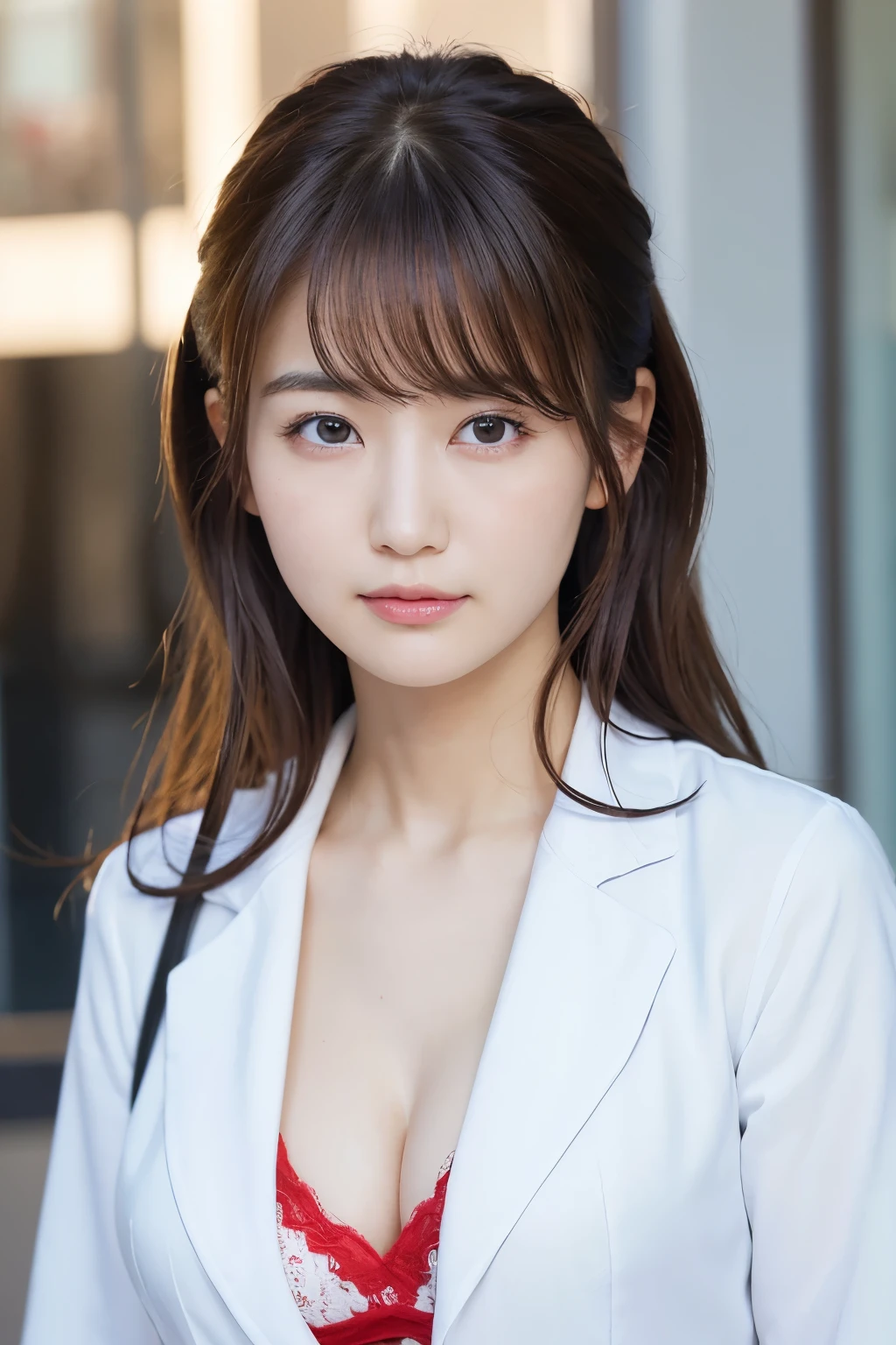 You are a professional photographer。masterpiece、８K、Highest quality, Soft Light, Ultra-high resolution, (Realistic:1.4), RAW Photos,Age 27 、1 Japan, alone, cute、(pupil, Light in your eyes), Natural black eyes、Beautiful face in every detail,(High resolution detail of human skin texture)、（Cleavage、Big Breasts）、Delivery Person 、Wear a uniform with a red line、deliver a letter、post office、(Portraiture)、Peek into the post