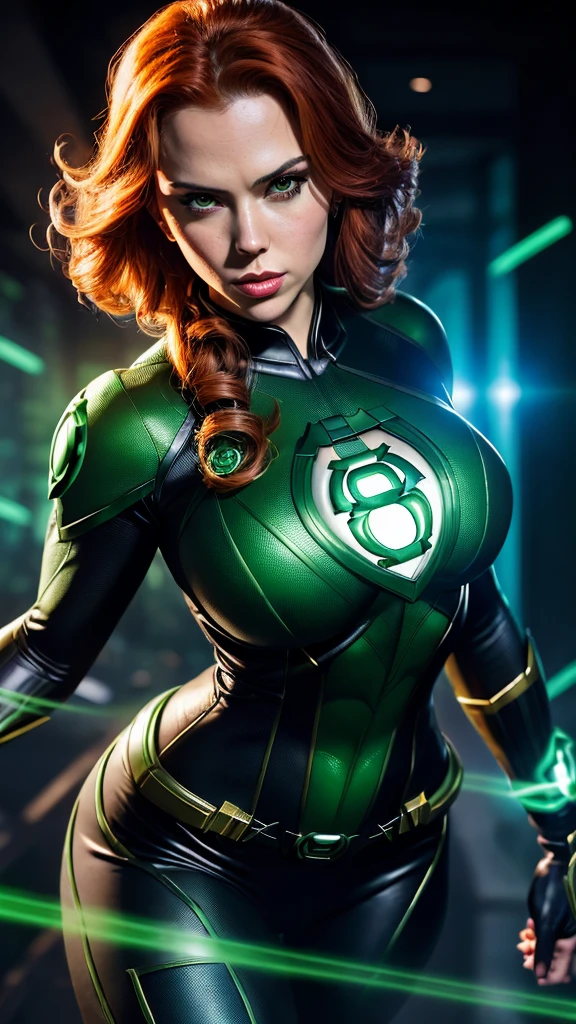 Photo of Black Widow, seductive and powerful woman, ((Detailed face:1.2)), (()), ((Green Lantern suit)), ((Action pose)), ((Detailed costume:1.5)), ((Realistic texture)), ((Bold colors)), ((Dynamic lighting)), ((Detailed shadows)), photographed in a Canon EOS R6, 70-200mm Lens, F/2.8, nffsw, (4K) (Comic book art style) (Masterpiece) (Perfectly proportions) (Photos realistic) (Best quality) (High contrast) (Futuristic environment) ( wallpaper ) (Cinematic compos