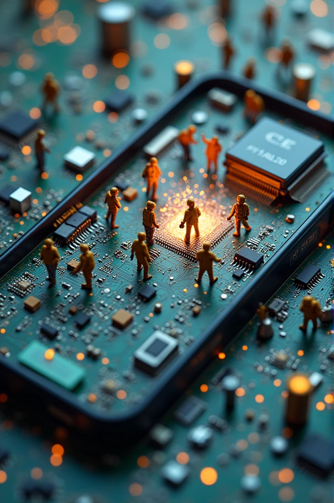 A group of people working inside the circuit of a cell phone as if it were a construction where they carry screws, others solder, others change a CPU, others change components and others carry the screws. . But make sure it looks like a cell phone.