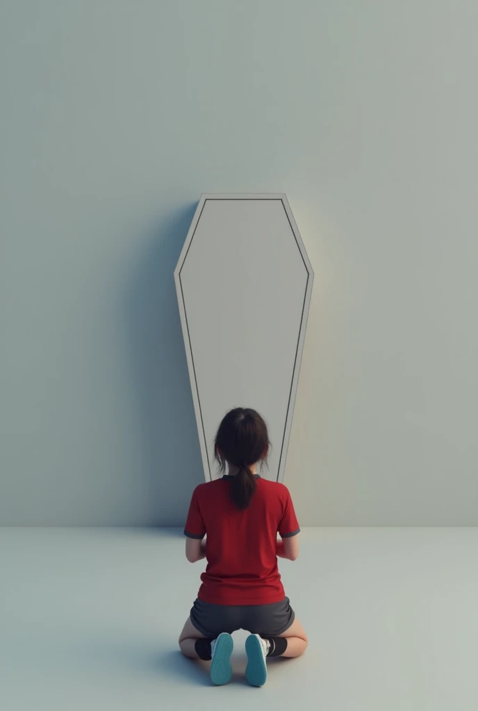 the coffin of andy and leyley, ashley graves, 1girl, expresionless,blush,smile, looking at the viewer, manchester united kit, shorts, boots, expressionless, knee sliding, from above,pov, simple background, gradient background, gray background