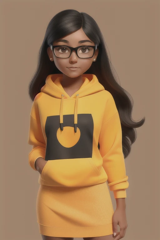 Masterpiece, 1girl, solo, 20 year old college student, she has tan-bronze skin with some freckles, long black hair with orange highlights, amber colored eyes, (she's wearing a yellow hoodie, black pencil skirt, nerd glasses)
