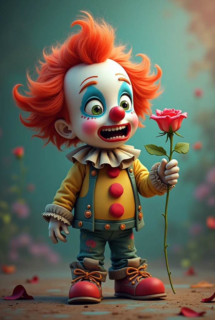 Confused and funny clown, with a rose in hand