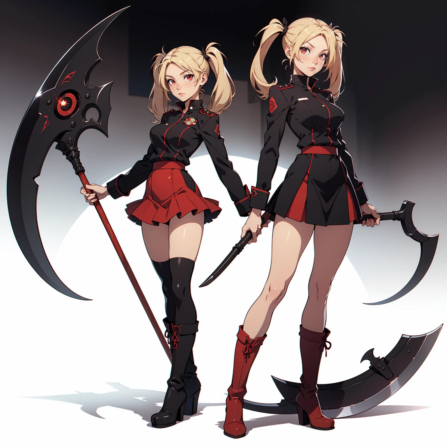 Very detailed, neutral facial expression,  figure, full body view, blonde hair with twintails, red eyes, looking at viewer, black and red uniform, skirt, black boots, holding scythe.