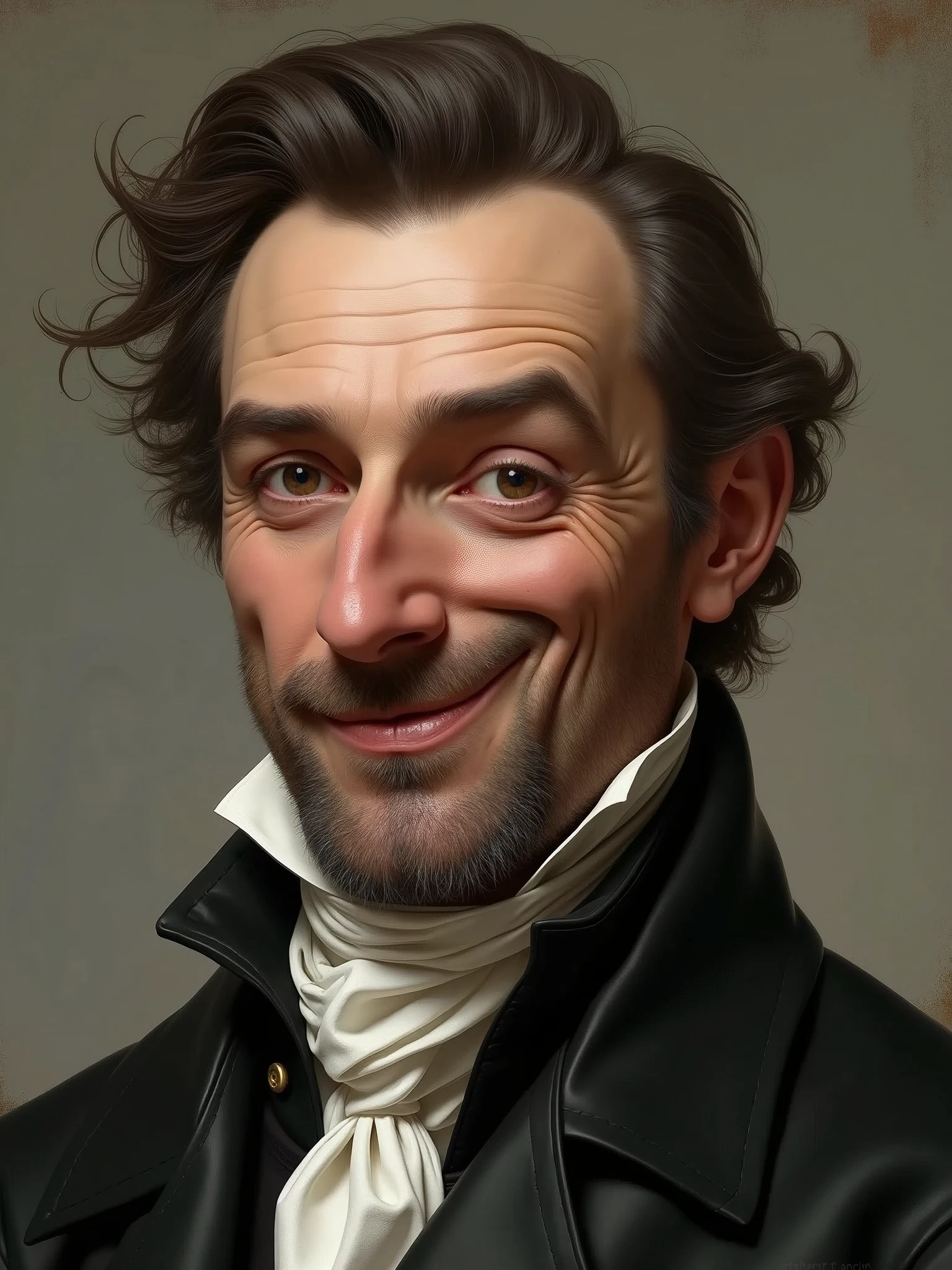 Generate a facial expression picture of a French male in the 19th century, with emphasis on blinking and an exaggerated upward expression on one side of the mouth. The hyper-realistic expression is in line with the clothing characteristics of the time.