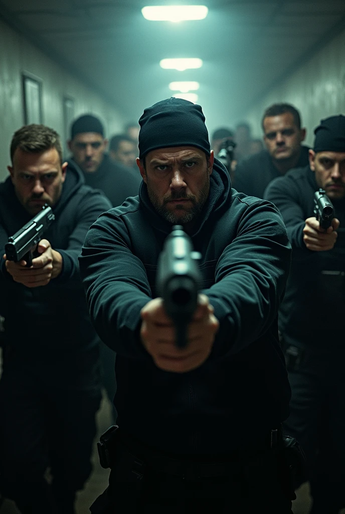 Several henchmen with their guns pointed at the screen in a dark room with a space in the middle