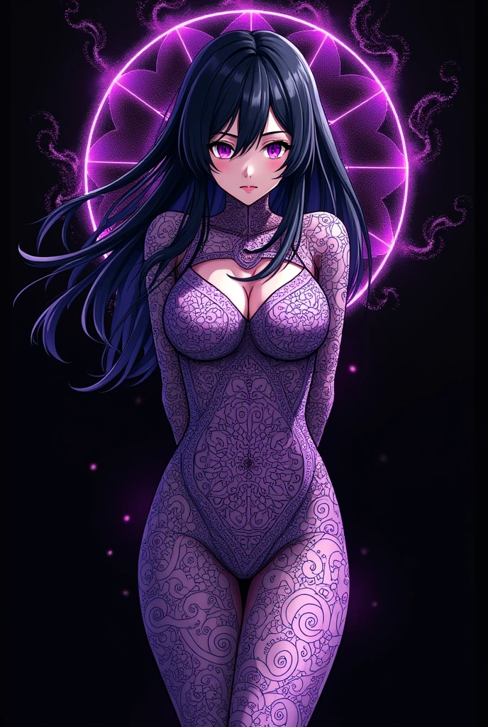 (((Raiden Shogun))), (genshin impact), purple eyes, black hair, ((purple highlights)), ((black background)), Official art, Unity 8k Wallpaper, Ultra-detail, Beautiful and aesthetic, masterpiece, Best Quality, (zentangle, mandalas, Tangle, Entangle), (fractal art:1.3), 1girl, huge tits, extra thick thighs, Extremely detailed, Most Beautiful Form of Chaos, elegant, a brutalist designed, vivd colour, romanticism, Atmospheric, arms behind back, (((((anime style))))), thick body, think waist, big hips, bodysuit,