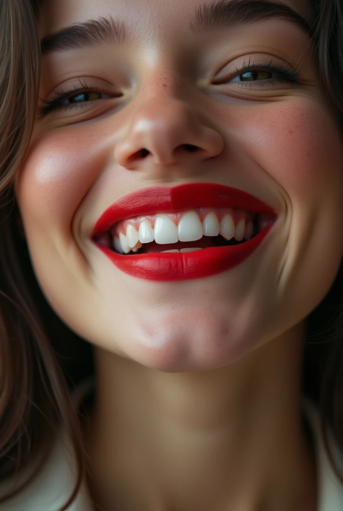 Extreme closeup of a female teen’s mouth, wearing red lipstick, mouth wide open and smiling 