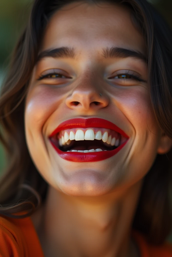 Extreme closeup of a female teen’s mouth, wearing red lipstick, mouth wide open and smiling
