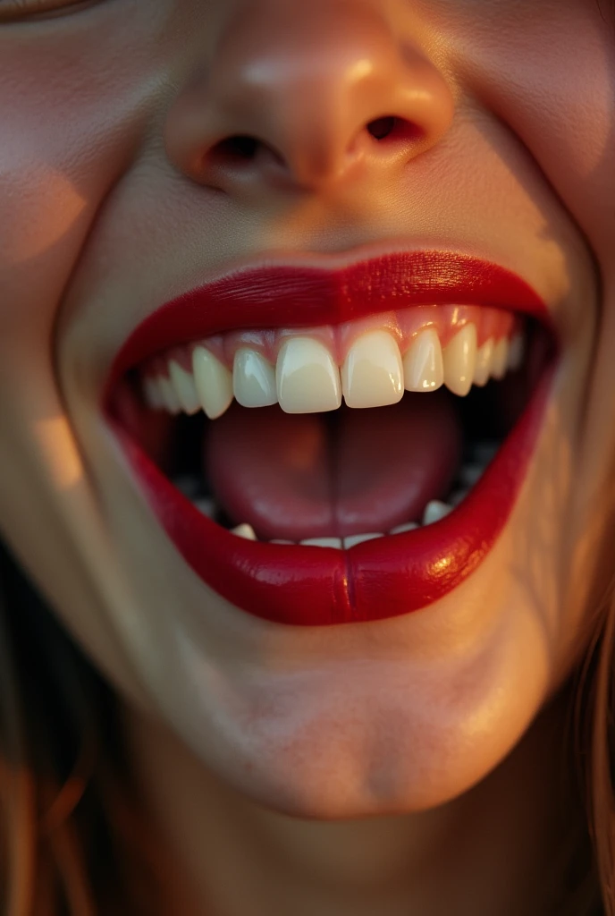Extreme closeup of a female ’s mouth, wearing red lipstick, mouth wide open and smiling
