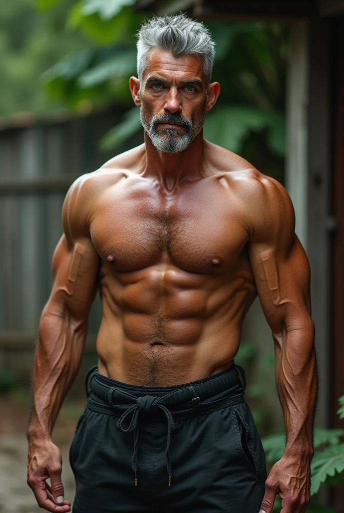 anjEstavaDescription of the Man big huge pecs,Bara Pecs, with Imposing Appearance: Diante de mim, A man of magnetic and imposing presence emerges, A figure that commands instant attention. Her gray hair gives a distinct touch of maturity to her appearance, while a carefully modeled goatee accentuates its striking features. This combination of traits reveals a unique blend of wisdom and vigor. Every muscle in your body is meticulously toned and defined, The result of years of tireless dedication to physical training. Os contornos esculturais de seus ombros, Chest and arms reflect his relentless pursuit of athletic excellence. Your posture is a natural extension of your inner strength, Conveying trust and authority. He wears tight knit pants that fit perfectly to the contours of his muscles, displaying his athletic form with pride. The absence of a shirt reveals sun-tanned skin, in which each scar and brand tells a story of challenges overcome and lived experiences. Their green eyes are like shimmering gems, profundos e penetrantes, revealing an emotional intensity that is balanced by an intrinsic serenity. Esses olhos capturam a luz do ambiente, reflecting a color palette that seems to dance in its depth. This man's presence is a combination of strength and subtlety, a symphony of features that captivate and inspire. Its imposing appearance is complemented by an aura of recognition and understanding, inviting others to connect not only with your appearance, but also with the history that his green eyes silently express.