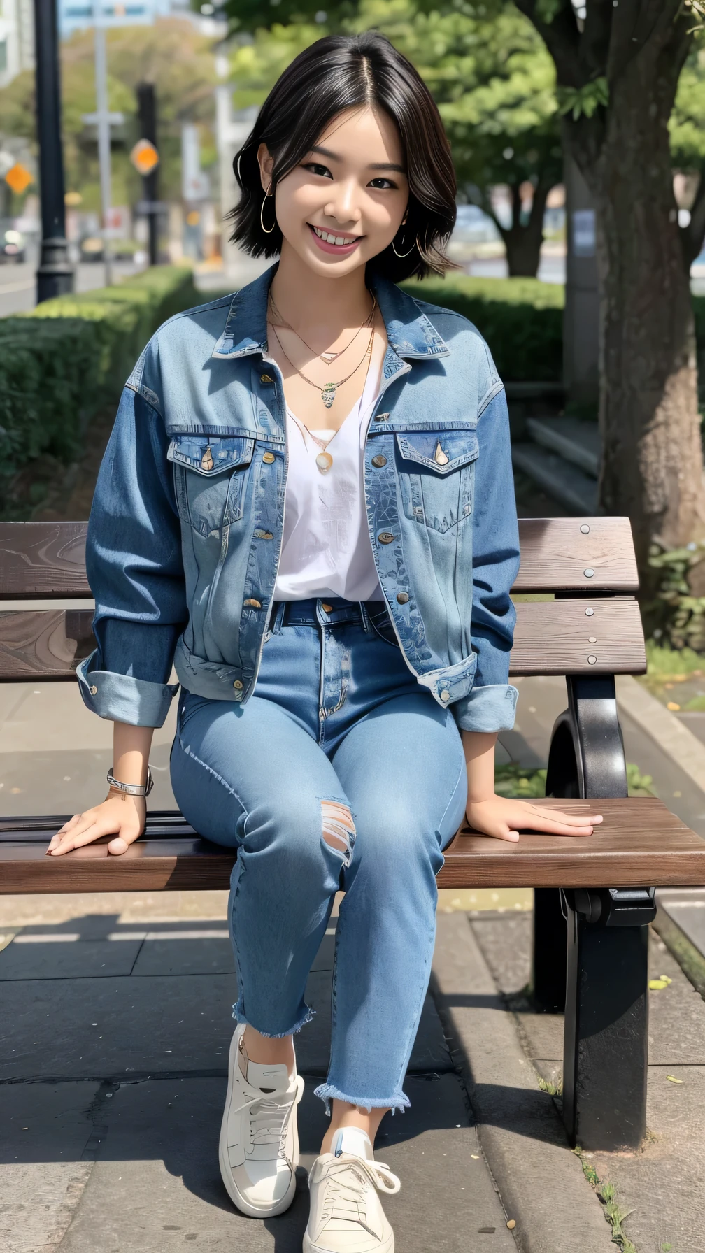 Super Resolution、Beautiful Japanese Women、Full body photo、sitting on a park bench、short hair、Wavy Hair、、ear piercing、necklace、Denim jacket、shirt、Skinny jeans、sneakers、smile、Beautiful teeth alignment
