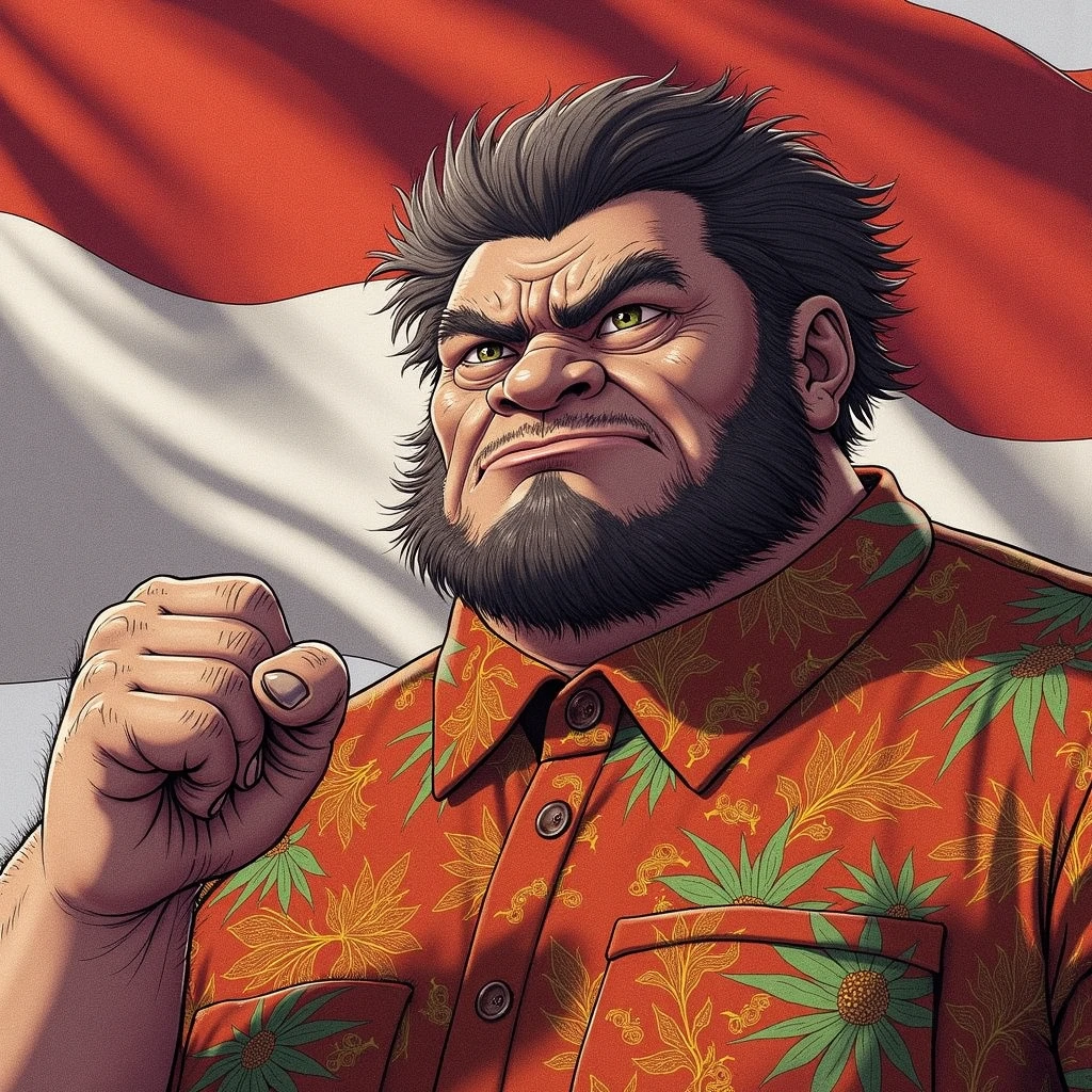Satirical image of the Indonesian proverb 'Gigit Jari', a humorous satire in a photorealistic style with Studio Ghibli aesthetics and a strong influence of the hand strokes of the English color comic maestro Don Lawrence