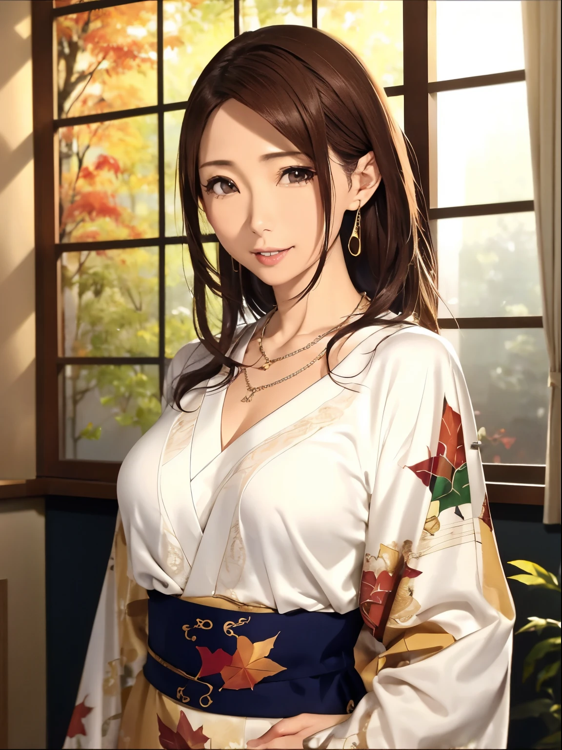 High resolution,8k,Highest quality,detailed,Semi-realistic anime,(whole body:1.5),Anime 3D Style,Smooth anime CG,One mature woman,A 60-year-old Japanese woman,slim,Modeled,Shiny brown hair, Tie your hair back,Medium Hair,detailedな顔,Beautiful and detailed,Glowing Skin,(Layering,Autumn and winter clothes),Earrings Beautiful,necklace,Winter in Japan,Dead Tree,Leaves fall,Hard Focus、Film Grain,Soft lighting,Wind,Looking at the audience,Laughter,