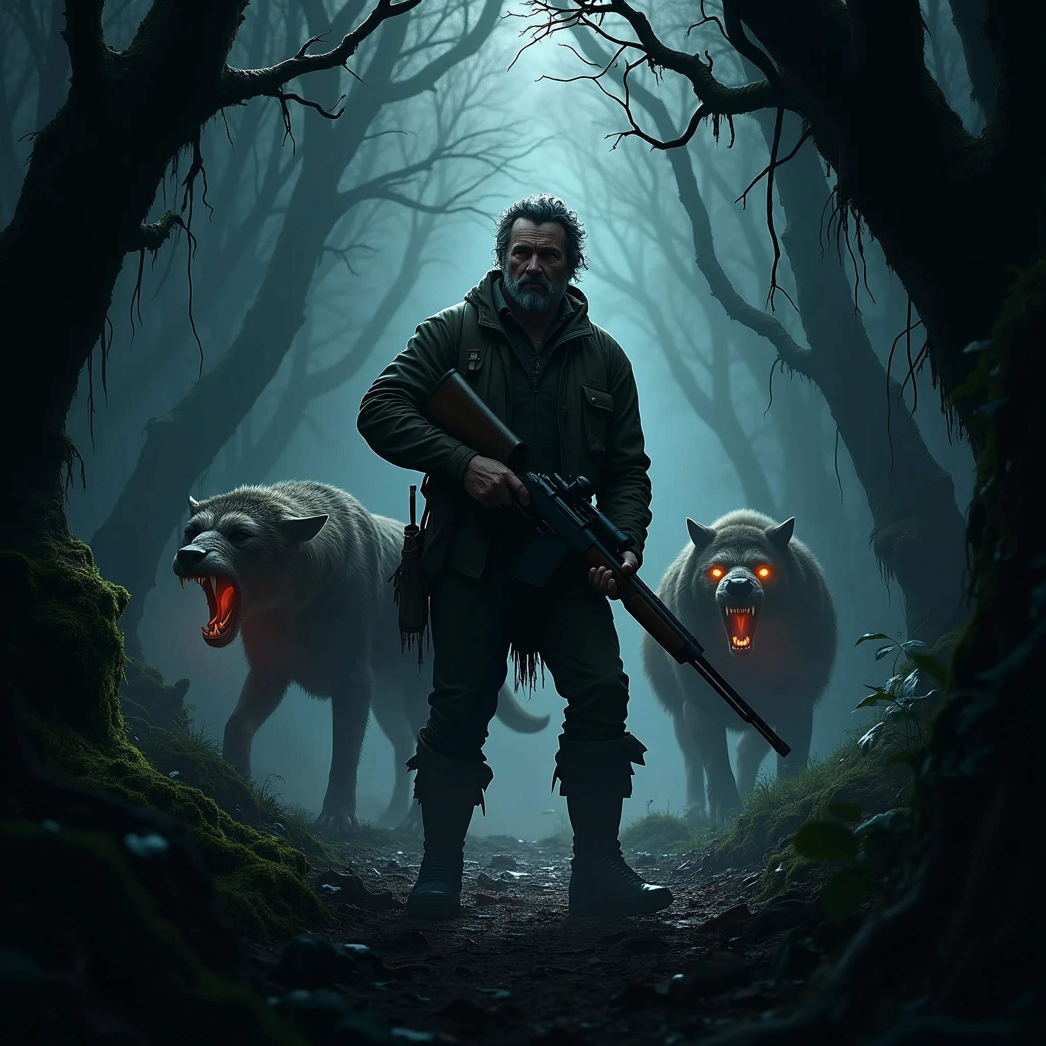 A man with a hunting rifle stands in the middle of a forest surrounded by wild animals at night..