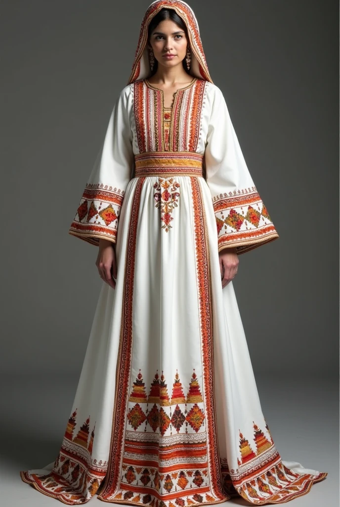 Traditional Kurdish Wedding Dress, Maraş Koçgirî Dêrsim region
White with the traditional geometric patterns (More linear than floral, found on the carpets of the region) embroidered in red, orange, yellow, black, Embroidery evenly distributed over the dress, nowhere should only white be visible
With the traditional kofî on the head, color matching
With 2-3 pieces of fabric, apron-like starting from the waist