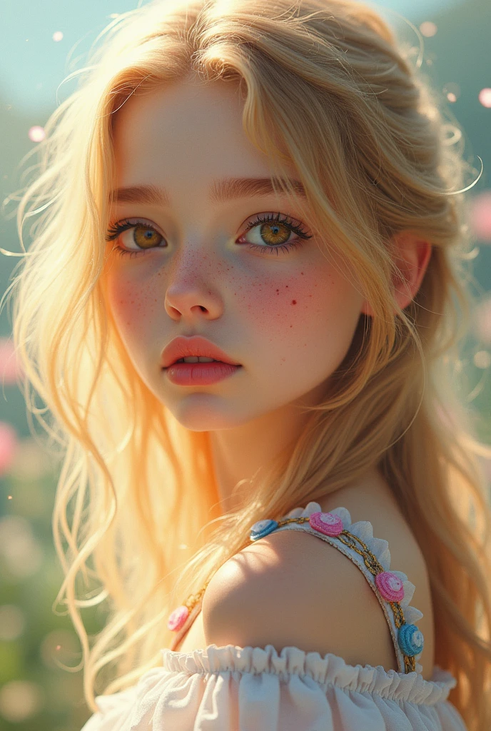A person with fair skin, hazel eyes, blonde hair, and freckles