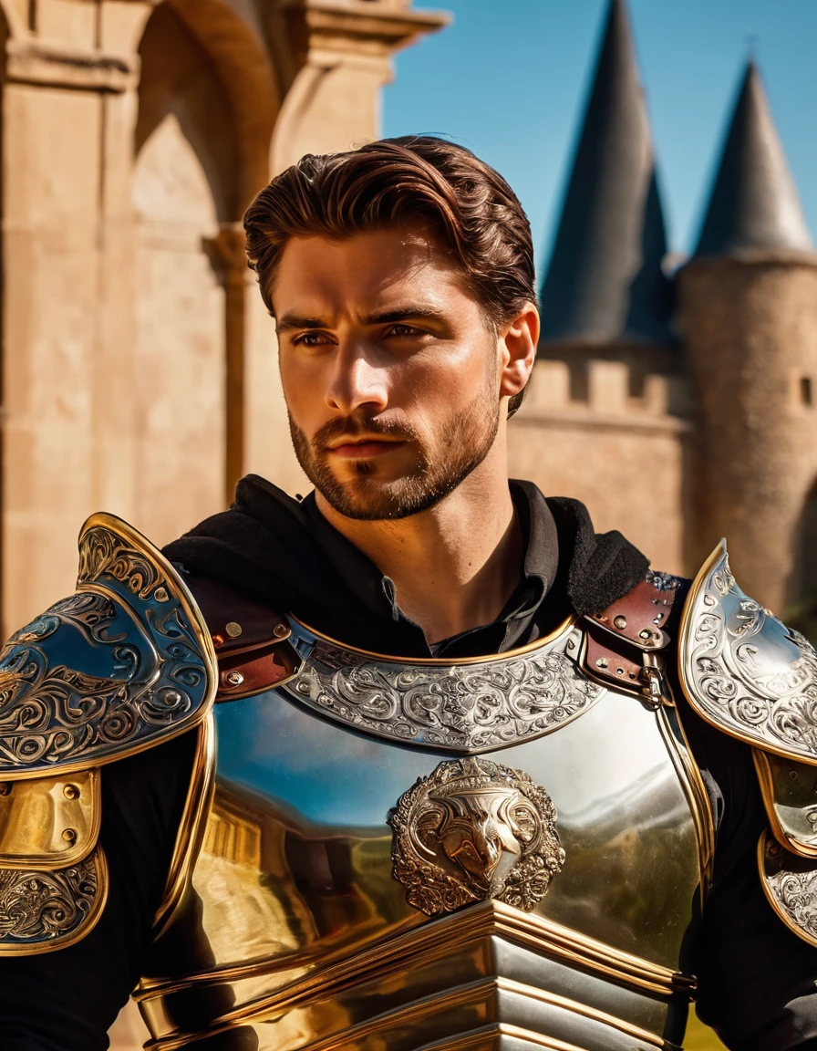 (photorrealistic:1.4, 8k, dslr, Nikon D850, CRU, work of art:1.2, best qualityer) a photorrealistic image featuring a handsome male stronger kinight , medieval armor,hot Pecs, big huge pecs bara.embodying the luxurious and earthy qualities of Taurus. Set against the backdrop of a massive, opulent castle,, the model exudes sensuality and strength. Ensure attention to detail in the model's outfit, emphasizing comfort and opulence, and incorporate smooth, natural lighting to improve overall aesthetics.