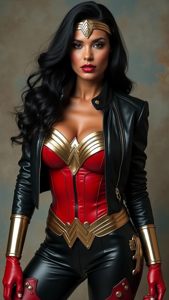 A beautiful woman Lynda Carter Wonder Woman long black hair black leather jacket red corset and black leather pants red knee-high boots Wonder Woman diadema on her forehead 