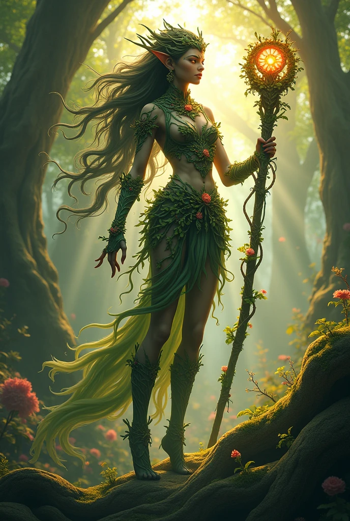 Yakshini of the Sacred Forest,  A Yakshini emerging from the depths of a dense, sacred forest, her body entwined with vines and flowers. Her eyes glow with an otherworldly light, and she holds a staff made of entwined roots and flowers. The forest is dense with ancient trees, with beams of sunlight filtering through the canopy, casting a mystical atmosphere.