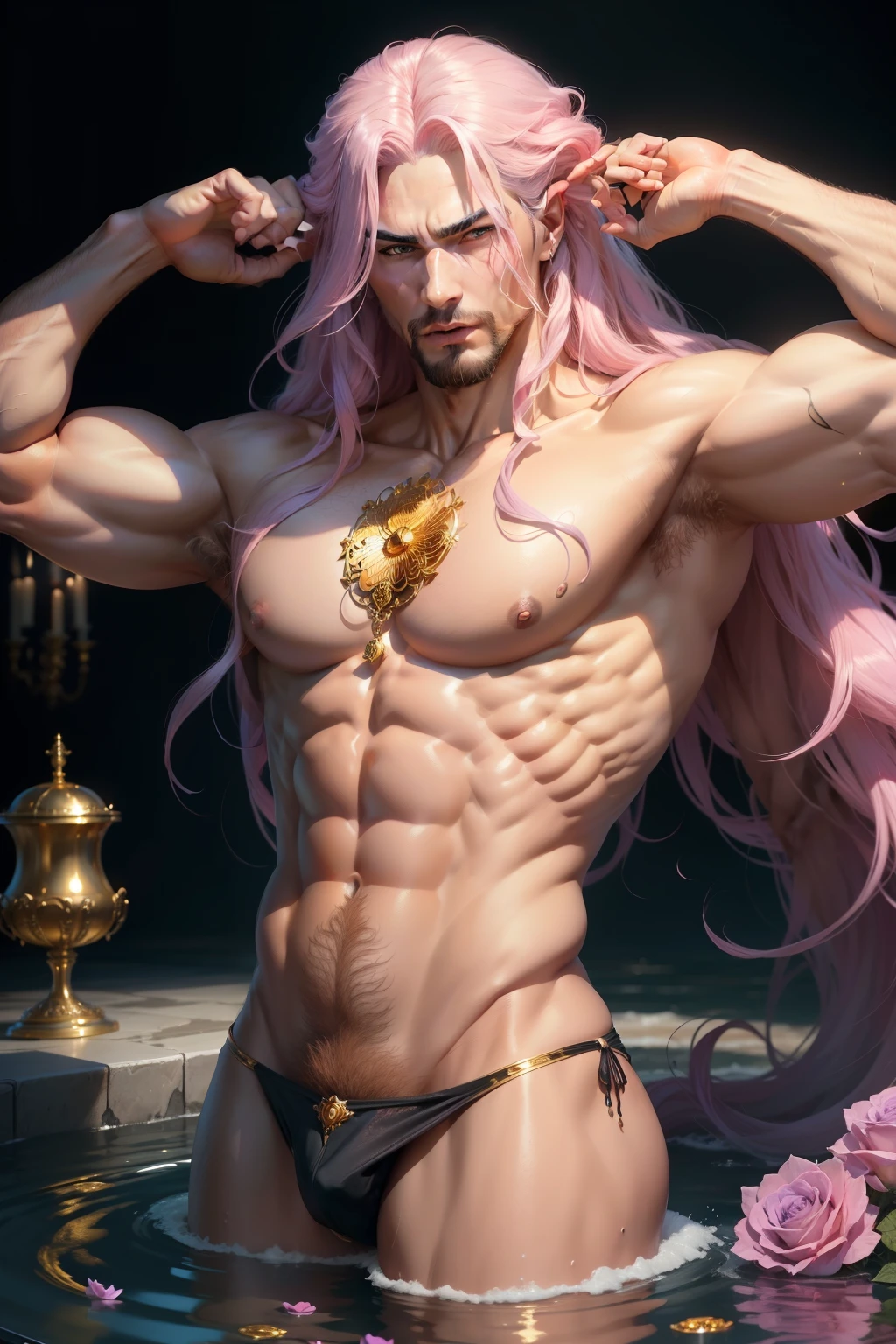 (8k,photorrealistic RAW photograph Maximum quality;1.4) (1 African) Super handsome king of the underworld (lifelike face) (light pink hair with purple highlights, long hair in the wind ) slenderbody Muscular and macho big pink eyes Shirtless hairy outfit decoração com golden roses Fangs peeking out of the mouth Pointed claws a seductive gaze Beautiful expression A hyper-realistic (King of the Underworld) appealing (real looking skin) super high resolution high détail just a bath towel Aura de golden roses emanando do corpo effect golden roses