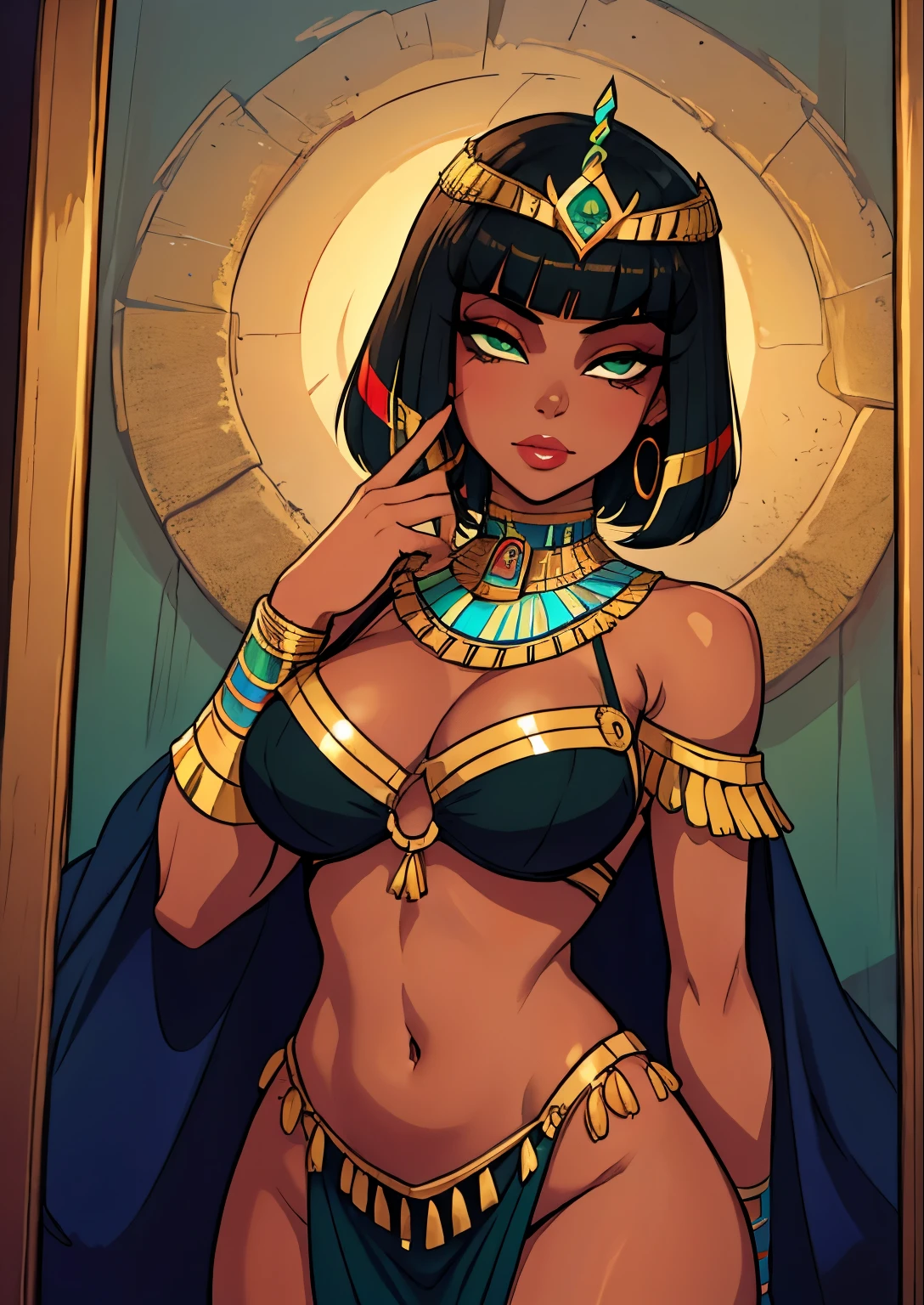 masterpiece, best quality, 1female, beautiful, face portrait, makeup, perfect fringe, straight hair, short hair, black hair, Egyptian queen, light dark skin, green eyes, colorful makeup, cleopatra, sexy