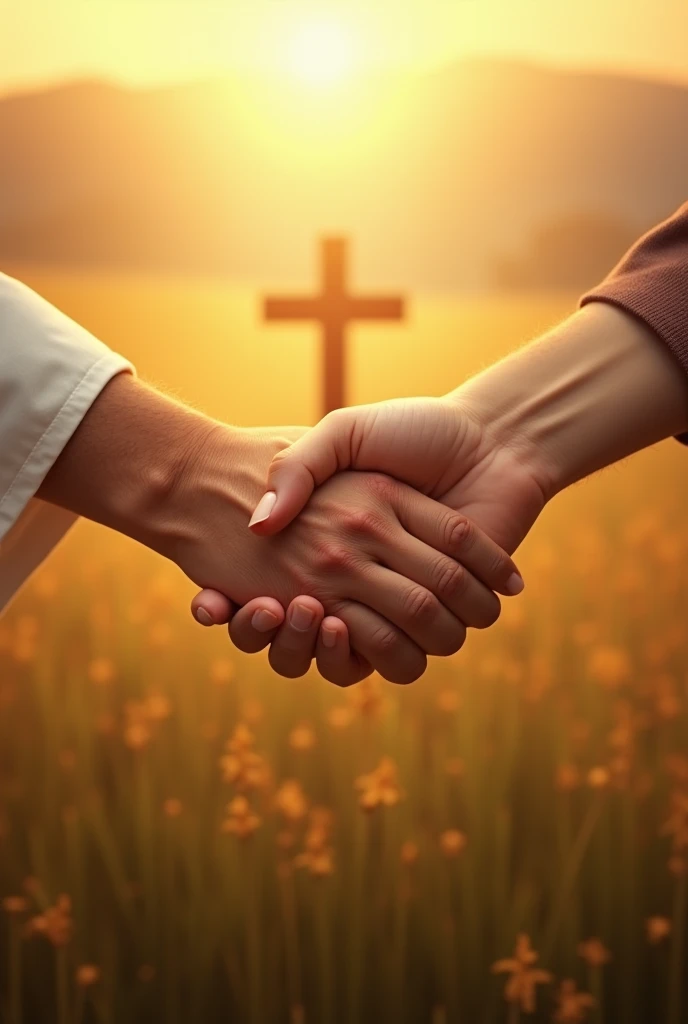 An image that represents unity and solidarity could be that of two intertwined hands., a bigger one helping a smaller one, symbolizing brotherly help. The background could include a warm and cozy landscape., like a soft light of dawn or an open field, representing hope and unity. A cross or an image of Jesus holding out his hands could be present in the background to reinforce the religious and spiritual theme.