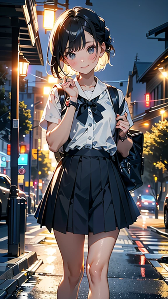 (8k, RAW Photos, 最high quality, masterpiece:1.2), high qualityのRAWカラー写真, Professional photo shoot, Cinematic Light, alone, (((young woman, Gal))), (Sharp features), (Small face), (Skin with attention to detail:1.2), clavicle, Cute Face, Beautiful appearance, Long eyelashes,Girl Turning Around, smile, (Black Hair, Braid、Short Hair、), Open white shirt、Roll up your sleeves、(Oversized knitted vest)、Very short gray pleated mini skirt, Black sneakers, Backpack, Night Park, Confident attitude, Capture the happy moment, Artistic painting,Attractive thighs, (Very nice touch:1.2),はにかんだsmile), Peaceful atmosphere, Oil painting style, Bright colors, (Are standing:1.5, Night cityscape, Full body portrait), Smooth texture, Gazing Eyes, Beautiful Skin, Glowing Skin, ((Perfect Fingers, Five Fingers, Anatomically correct)), Background Blur, high quality, Surreal, ((Very detailed, photo shoot)),Many people々々、blush、Plump、White skin、A bag full of stuffed toys、bracelet、high school girl